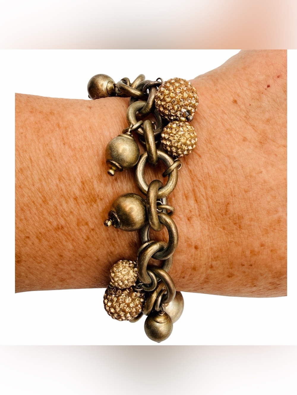 VTG Milor Sterling Silver Gold Charm Bracelet Antiqued Look 8” Dangling Beads